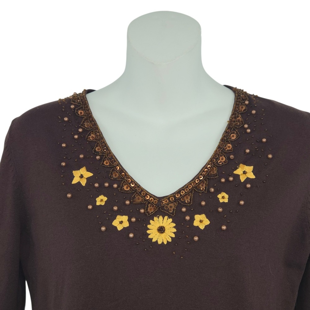 Cable & Gauge Sweater Women Small Brown Silk Blend Beaded Floral Cottagecore - Picture 3 of 9